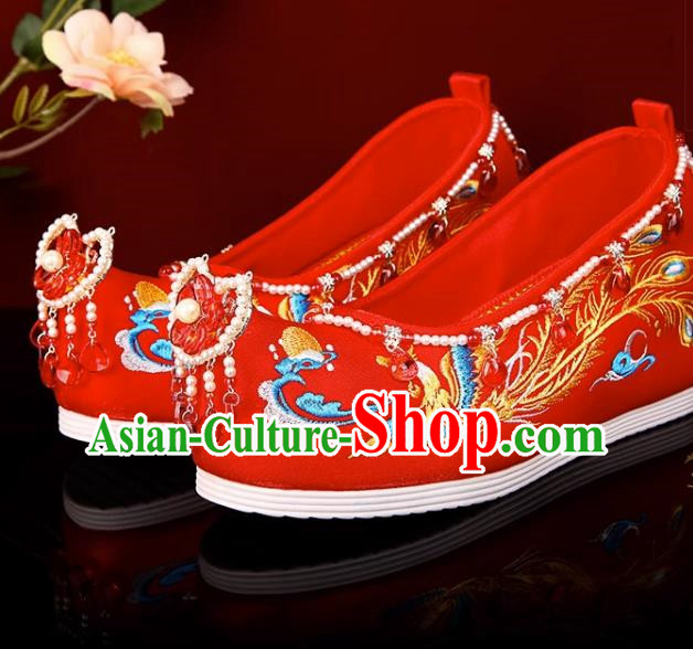 Red Hanfu Shoes Embroidery Inner Increase Original Pearl Chinese Style Xiuhe Shoes Ancient Costume