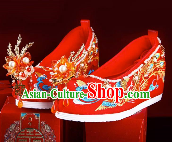 Embroidered Shoes Fengguan Xiapei Xiuhe Wedding Shoes Women Wedding Banquet Is Red Inner Height Increase Handmade