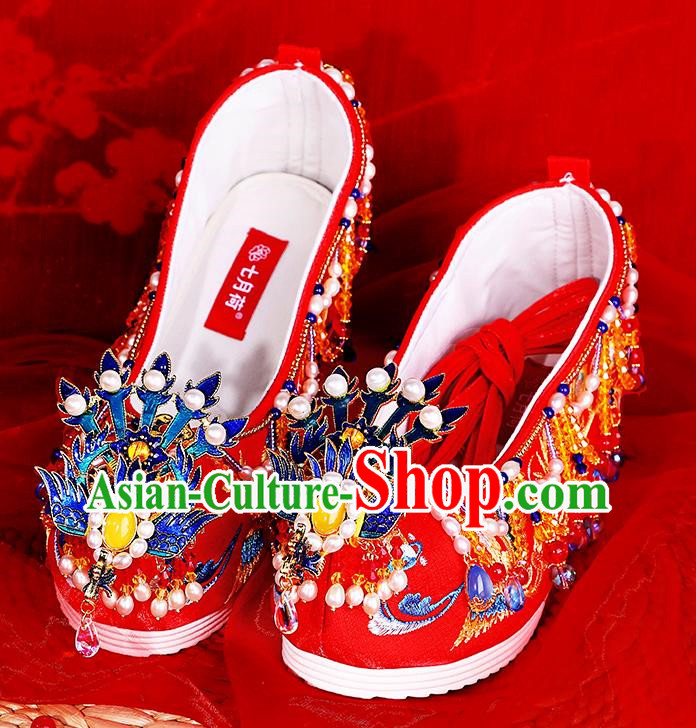 Agate Freshwater Pearl Chinese Style Xiuhe Wedding Shoes Women Embroidered Shoes Red