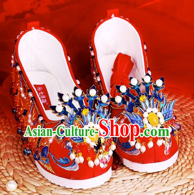Agate Freshwater Pearl Chinese Style Xiuhe Wedding Shoes Women Embroidered Shoes Red