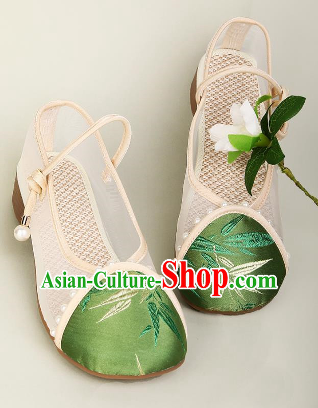 Sandals Pearl Round Toe Buckle Mesh Breathable Sandals Women Antique Hanfu Shoes