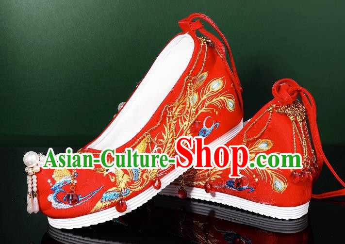 Hanfu Wedding Shoes Women Bow Shoes Xiuhe Shoes Are Red Beaded Tassel Chinese Wedding Shoes Embroidered Phoenix