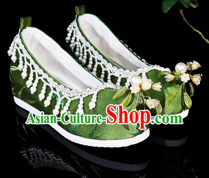 Hanfu Shoes Women Bell Orchid Bamboo Leaves Ancient Style Satin Jacquard Beaded Pearl Tassel Inner Increase