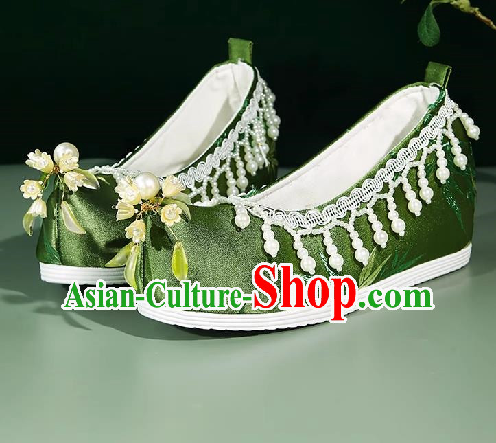 Hanfu Shoes Women Bell Orchid Bamboo Leaves Ancient Style Satin Jacquard Beaded Pearl Tassel Inner Increase