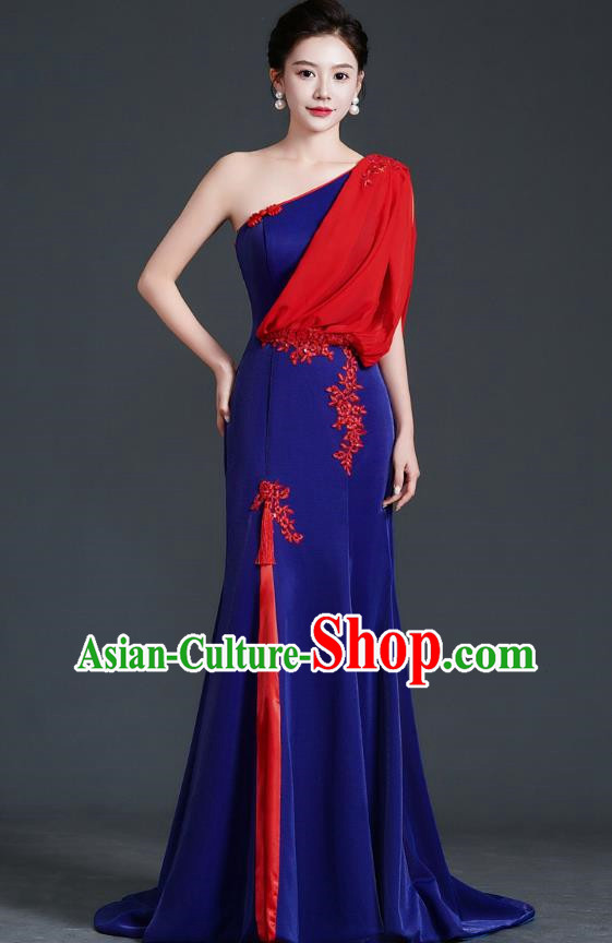 Chinese Design Evening Dress Trailing Fishtail Self Cultivation Stage Chorus Catwalk Performance Clothing One Shoulder