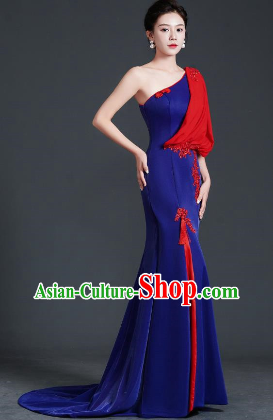 Chinese Design Evening Dress Trailing Fishtail Self Cultivation Stage Chorus Catwalk Performance Clothing One Shoulder