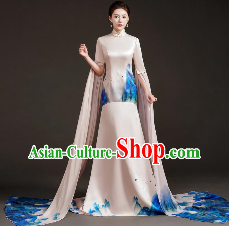 High End Small Trailing Costumes Water Sleeve Art Test Solo Guzheng Playing Dress Mermaid Model Catwalk