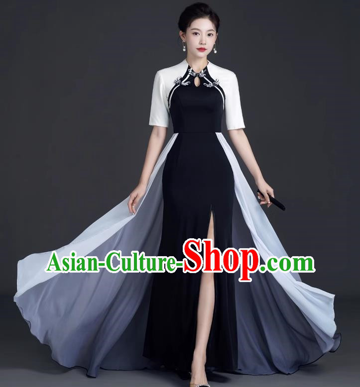Chinese Design Black Fishtail Slit Dress Cheongsam Model Team Catwalk High End Temperament Costumes