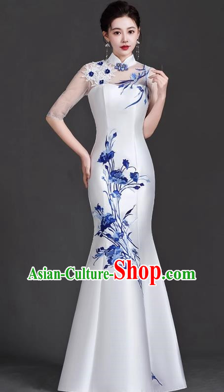 Chinese Design Cheongsam Evening Dress Elegant High End Catwalk Mermaid Retro Host Costume Blue And White Porcelain