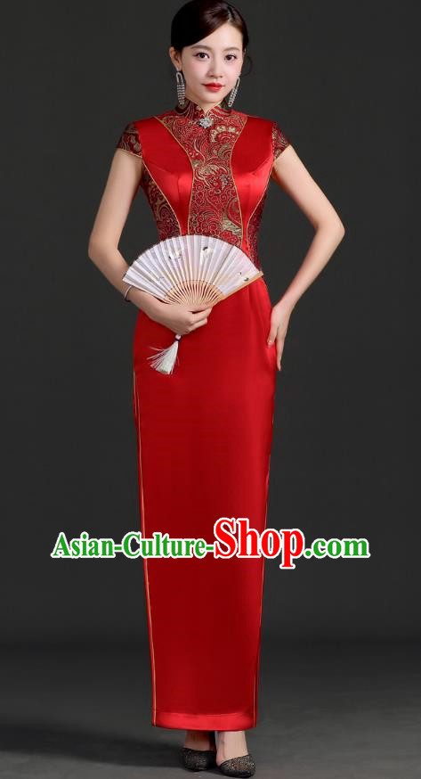 Chinese Design Improved Red Wedding Cheongsam Long Catwalk Performance Clothing Daily Cheongsam Dress