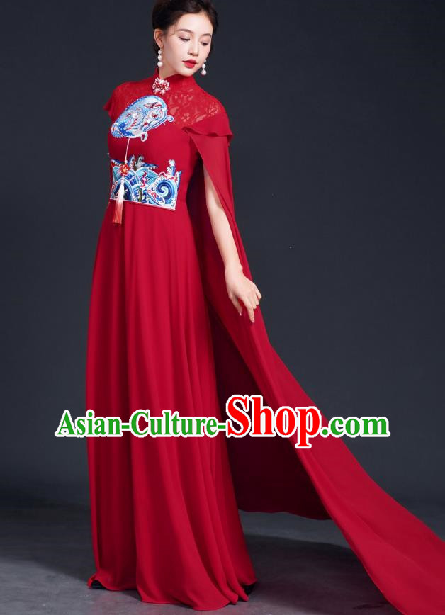 Improved Catwalk Cheongsam Long Section Chinese Red Costume Big Cape Fairy Skirt Model Choir
