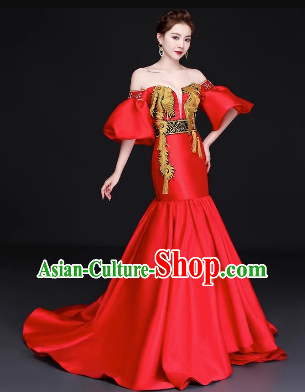 Chinese Design High End Trailing Banquet Evening Dress Long Fishtail Self Cultivation Model Catwalk Dress One Shoulder Costume