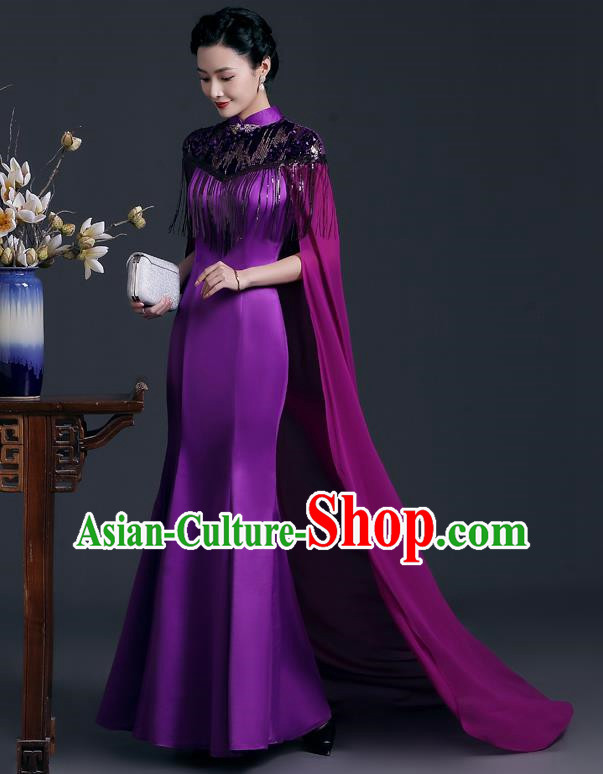 Purple Catwalk Cheongsam Temperament Mermaid Dress Chinese Design High End Stage Costume Cape