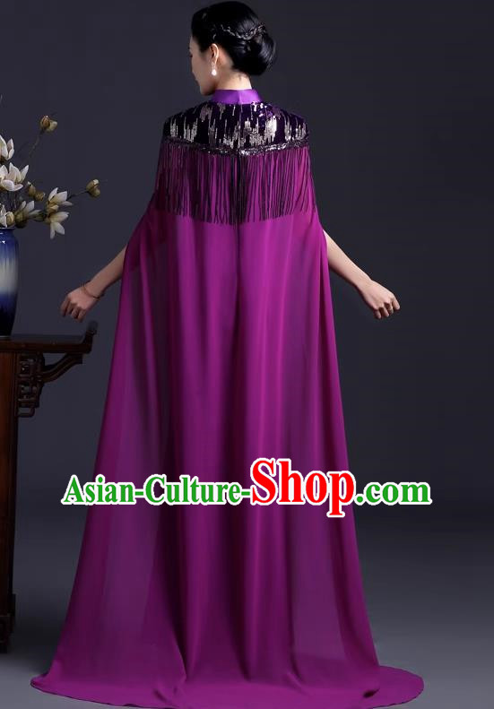 Purple Catwalk Cheongsam Temperament Mermaid Dress Chinese Design High End Stage Costume Cape
