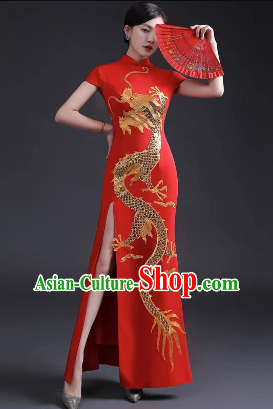 Chinese Design Improved Cheongsam Fishtail Long Model Dignified Atmosphere Etiquette Special Team Catwalk Show Costume Red