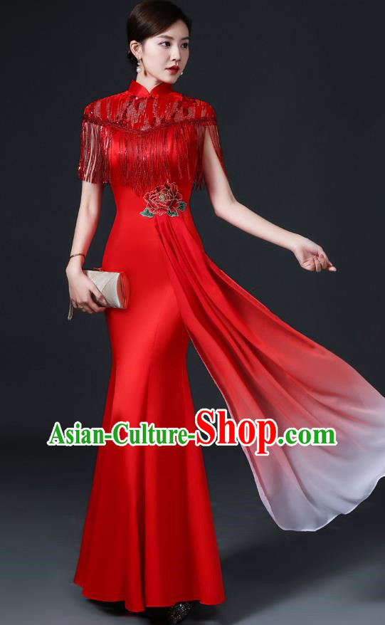 Chinese Design Mermaid Cheongsam Simple Dress Skirt Banquet Red Catwalk Costume