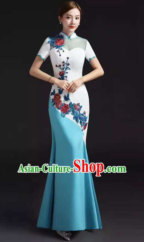 Chinese Design Improved Fishtail Slim Evening Dress Embroidered Chorus Cheongsam Stage Catwalk Costume