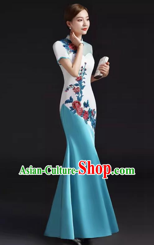 Chinese Design Improved Fishtail Slim Evening Dress Embroidered Chorus Cheongsam Stage Catwalk Costume