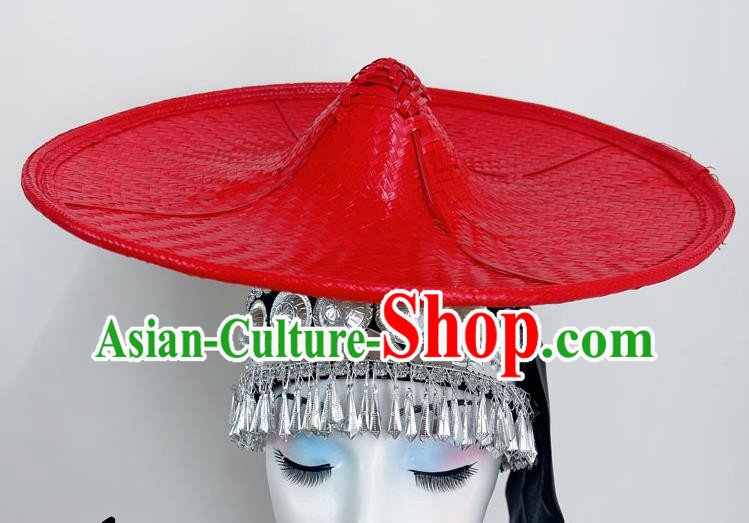 Ethnic Dance Headdress With Flower Waist Dai Bucket Hat Shanling Dance Hat Rain Bamboo Forest Shaodoli Bamboo Weaving Bucket Hat Red