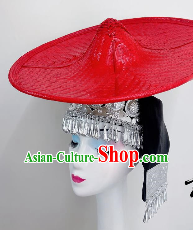 Ethnic Dance Headdress Huayao Dai Bucket Hat Shanling Dance Hat Rain Bamboo Forest Shaodoli Bamboo Weaving Bucket Hat Red
