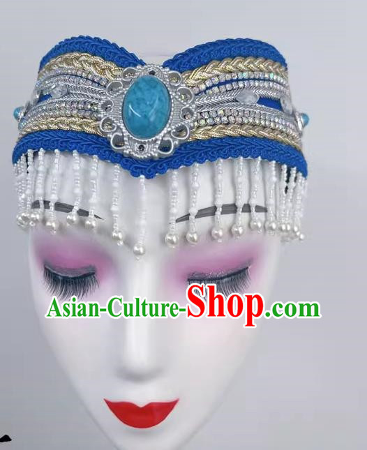 Ethnic Minority Dance Mongolian Headdress Blue Bead Curtain Art Test Dance Performance Stage Hair Accessories