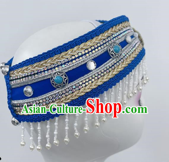 Ethnic Minority Dance Mongolian Headdress Blue Bead Curtain Art Test Dance Performance Stage Hair Accessories