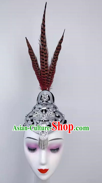 Hmong Dance Xiang Jinlin Headdress National Brocade Color Long Feather Hair Ornament Performance Performance Headdress Wig