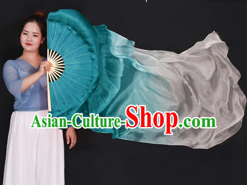 China Yangko Dance Competition Long Ribbon Fan Classical Dance Folding Fan Handmade Mint Green Pure Silk Fan