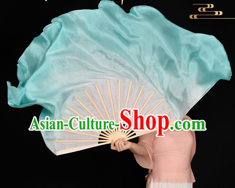 China Women Group Dance Folding Fan Handmade Gradient Blue Pure Silk Fan Jiaozhou Yangko Dance Ribbon Fan