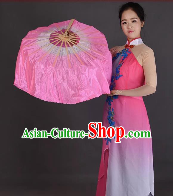 China Women Group Dance Folding Fan Handmade Pink Pure Silk Fan Jiaozhou Yangko Dance Circular Fan