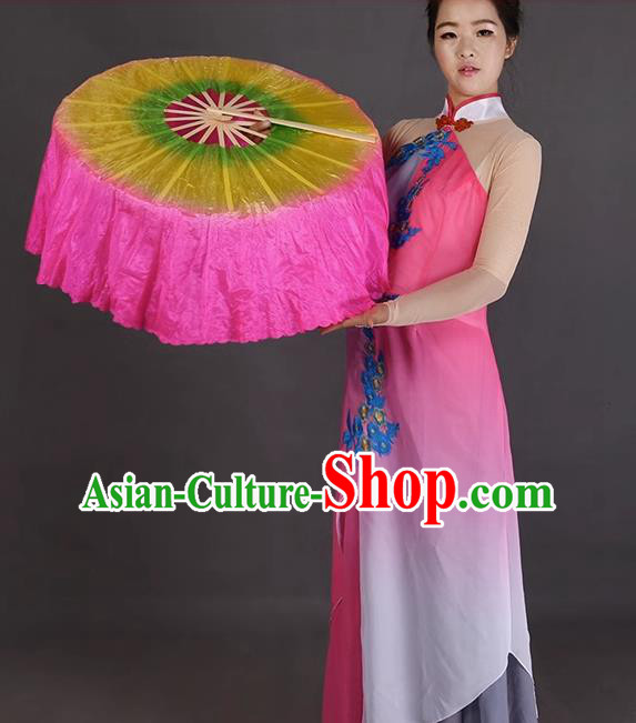 China Handmade Yellow and Pink Pure Silk Fan Jiaozhou Yangko Dance Circular Fan Women Group Dance Folding Fan