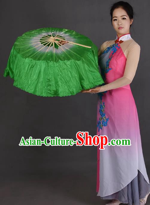 China Jiaozhou Yangko Dance Circular Fan Women Group Dancing Folding Fan Handmade Green Pure Silk Fan
