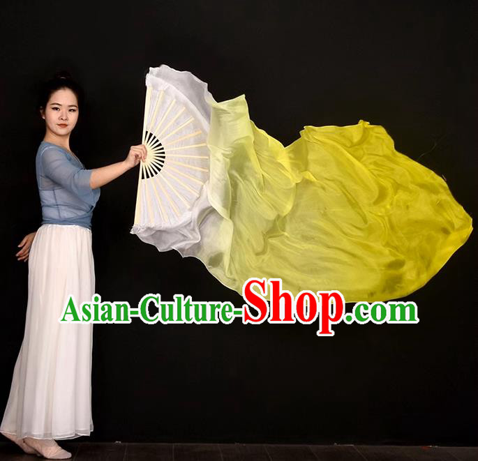 China Women Group Dancing Long Ribbon Fan Handmade Gradient White to Yellow Pure Silk Fan Jiaozhou Yangko Dance Folding Fan