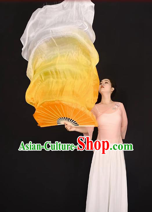 China Umbrella Dance Folding Fan Women Group Dancing Long Ribbon Fan Handmade Gradient Orange to White Pure Silk Fan