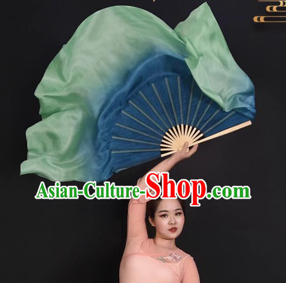 China Classical Dance Fan Jiaozhou Yangko Dance Silk Fan Handmade Blue to Green Ribbon Fan