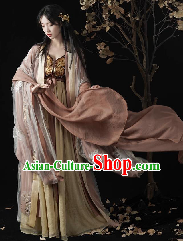 Ancient Butterfly Fairy Costumes Traditional Woman Hanfu Set China Tang Dynasty Young Lady Brown Dresses