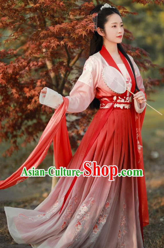 China Ancient Civilian Female Red Costumes Woman Hanfu Song Dynasty Young Lady Embroidered Clothing
