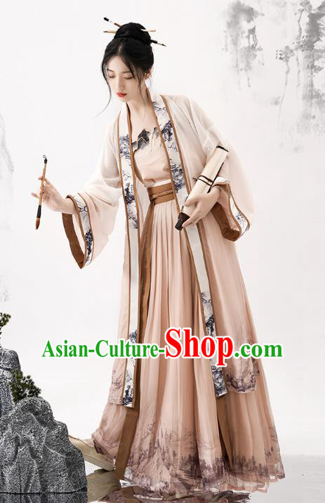 China Song Dynasty Young Lady Ink Painting Clothing Ancient Young Woman Costumes Traditional Hanfu Cape Tube Top and Skirt Complete Set