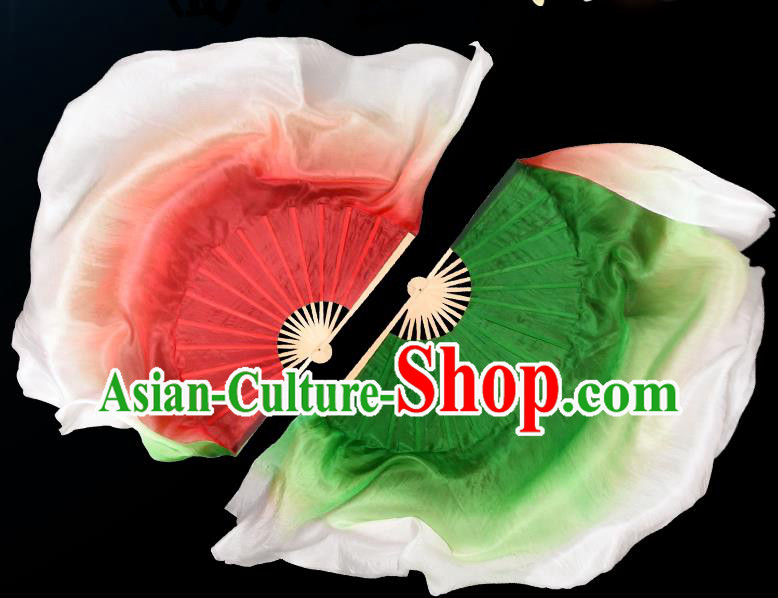 Handmade Double Side Red and Green Fan China Classical Dance Ribbon Fan Jiaozhou Yangko Dance Silk Fan