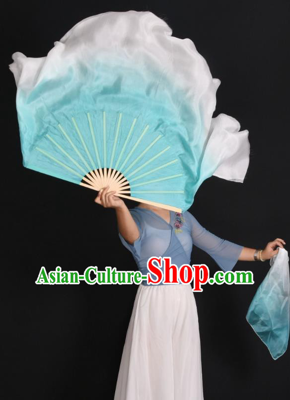 China Handmade Folk Dance Fan Classical Dance Ribbon Fan Jiaozhou Yangko Dance Light Blue Silk Fan