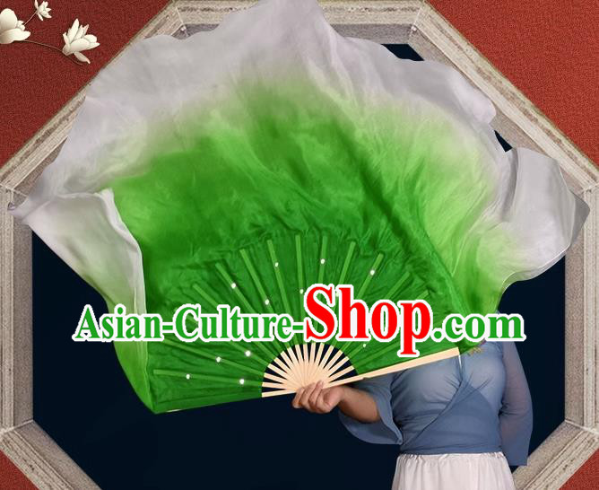 China Classical Dance Ribbon Fan Yangko Dance Prop Fan Handmade Stage Performance Green Silk Fan