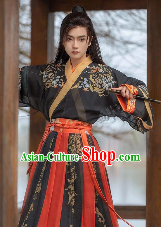 China Jin Dynasty Young Childe Clothing Ancient Swordsman Costumes Male Black Hanfu