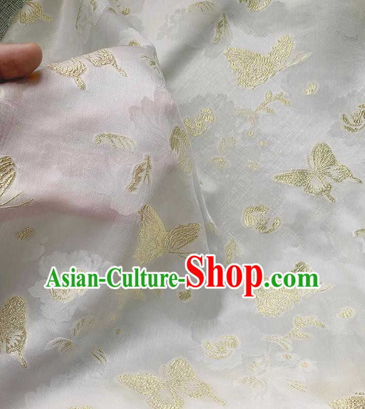 White Jacquard Satin Fabric China Classical Golden Butterfly Pattern Cheongsam Cloth Traditional Design Mulberry Silk