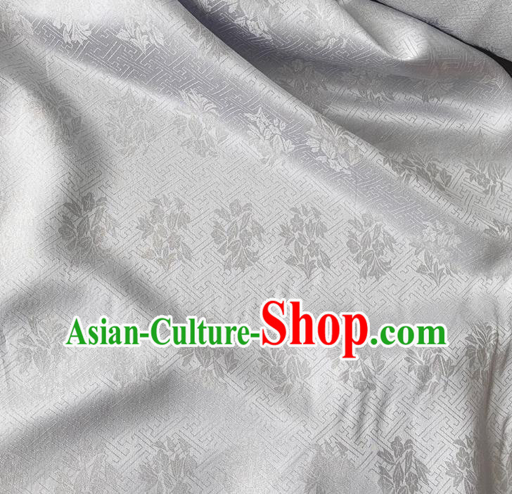 Silver China Traditional Jacquard Crepe Cloth Mulberry Silk Classical Trumpet Creeper Pattern Hanfu Fabric