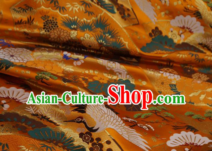 Orange Japanese Kimono Drapery Traditional Brocade Fabric Classical Crane Pattern Design Nishijin Cloth
