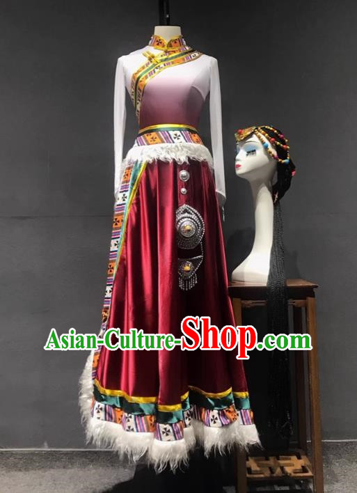 Stage Performance Tibetan Dance Clothing Chinese Minority Class Practice Art Test Mid Length Skirt