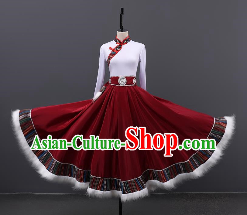 Stage Performance Tibetan Dance Clothing Chinese Minority Class Practice Art Test Mid Length Skirt