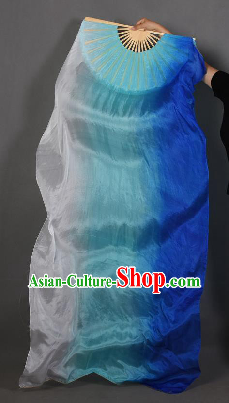 Handmade Belly Dance Fan Pure Silk Long Ribbon Fan Top Classical Dance Gradient White to Blue Fan