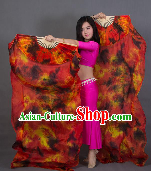 Handmade Tie Dye Belly Dance Fan Top Pure Silk Long Ribbon Fan Classical Dance Red Fan