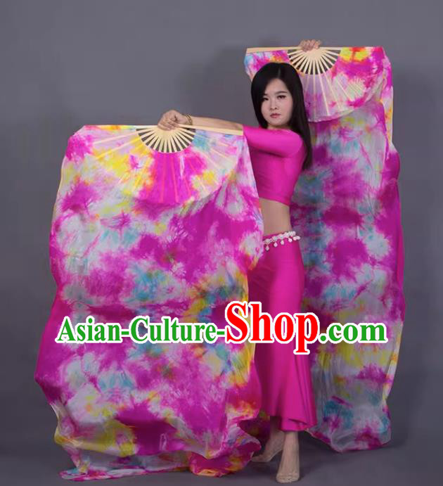 Top Tie Dye Belly Dance Fan Pure Silk Long Ribbon Fan Handmade Classical Dance Megenta Fan